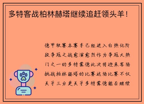 多特客战柏林赫塔继续追赶领头羊！